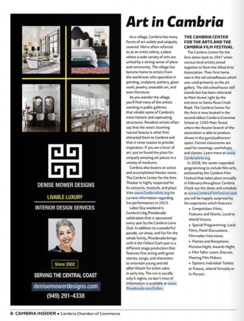 Page 8 of Cambria Insider Magazine featuring Denise Mower Designs Ad.