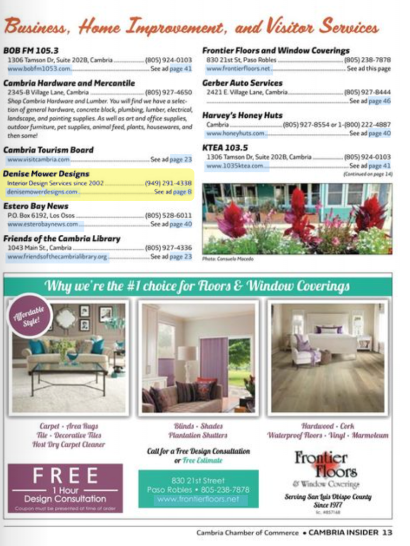 Page 13 of Cambria Insider Magazine featuring Denise Mower Designs business listing and contact info.